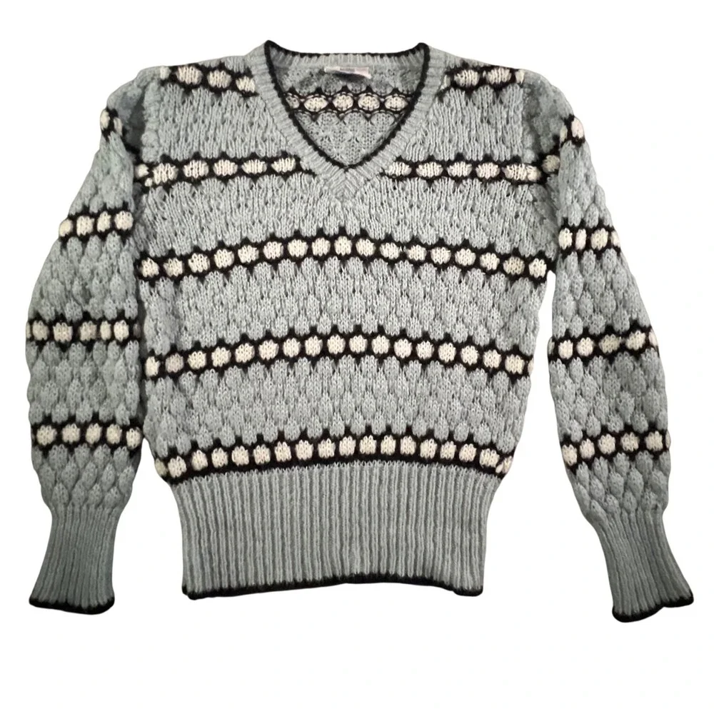 Western Connection‎ Sweater Womens Medium Blue Vintage 80s Popcorn Knit V-Neck